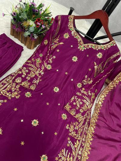 Deep Purple Chinon Silk Sequins Stone Work Salwar Suit