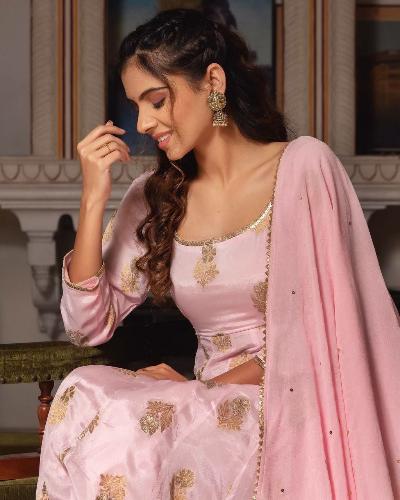 Baby Pink Gold Embroidered Anarkali Suit Set