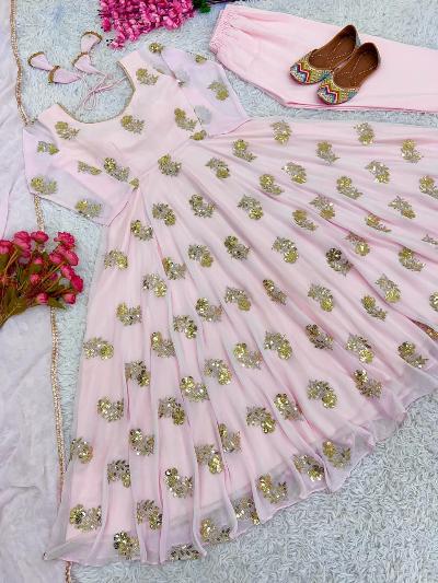 Baby Pink Gold Embroidered Anarkali Suit Set