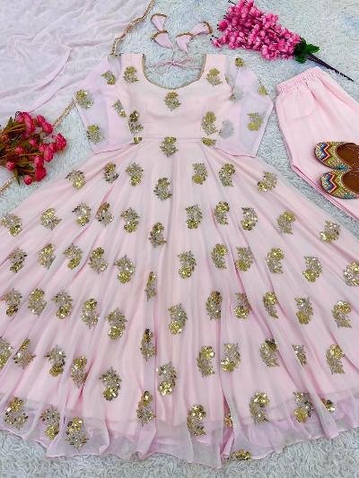 Baby Pink Gold Embroidered Anarkali Suit Set