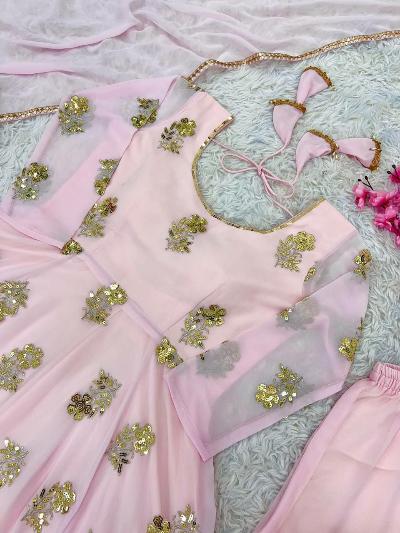 Baby Pink Gold Embroidered Anarkali Suit Set