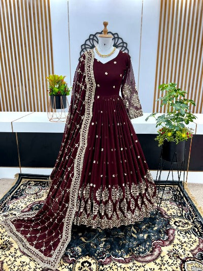 Dark Maroon Heavy Work Georgette Designer Anarkali Gown With Dupatta Set Of 2