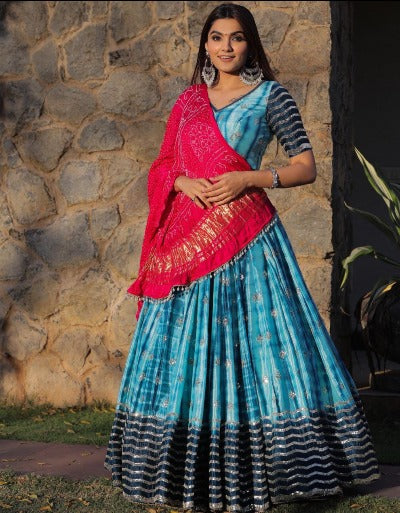 Blue Silk Festive Wear Semi Stitched Lehenga With Fully Stitched Choli Set