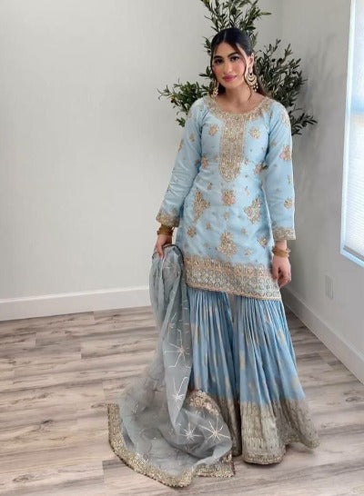 Powder Blue Heavy Sequence Festive Sharara Suit Set