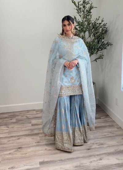 Powder Blue Heavy Sequence Festive Sharara Suit Set