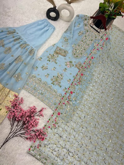 Powder Blue Heavy Sequence Festive Sharara Suit Set