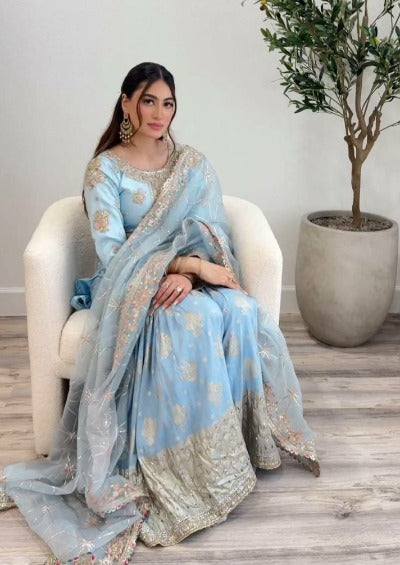 Powder Blue Heavy Sequence Festive Sharara Suit Set