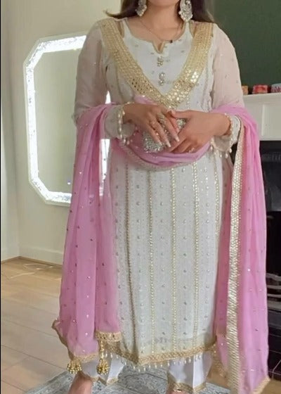 White Georgette Embroidered Salwar Suit Pink Dupatta