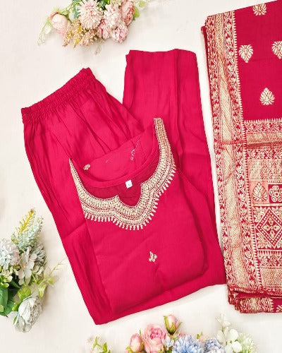 Plus Size Red Roman Silk Jacquard Salwar Suit