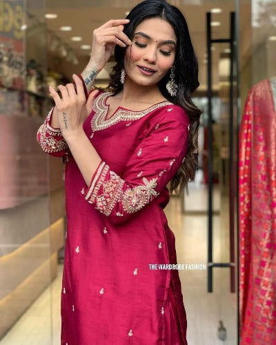 Plus Size Red Roman Silk Jacquard Salwar Suit