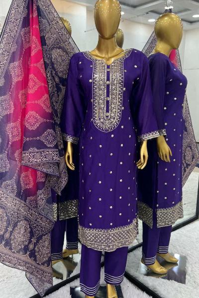 Royal Blue Chinon Silk Embroidered Salwar Suit Set