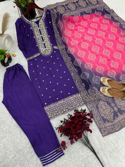 Royal Blue Chinon Silk Embroidered Salwar Suit Set