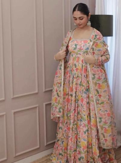 Peach Georgette Fully Printed Anarkali Suit Set