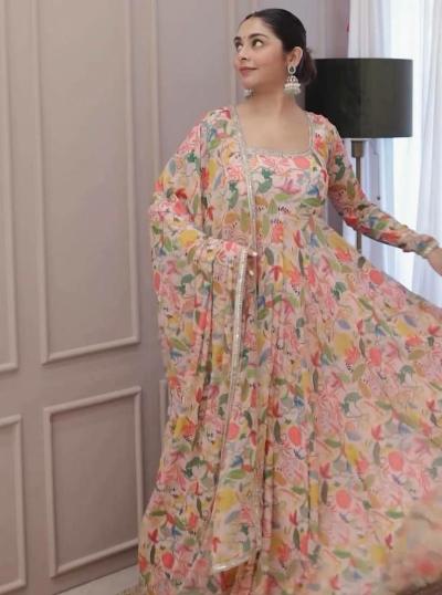 Peach Georgette Fully Printed Anarkali Suit Set