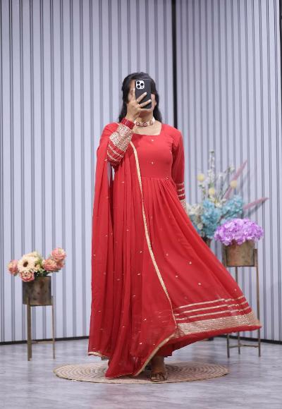 Red Partywear Designer Anarkali Gown Suit Set