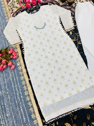 Sea Blue Ivory Pearls Embroidery Partywear Set