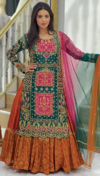 Designer Pakistani Green & Orange Kurti Lehenga 3pc Set