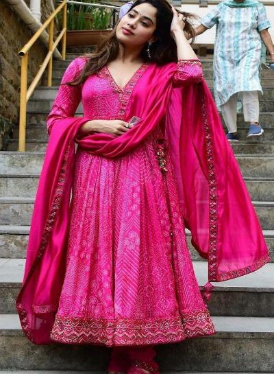 Janvi Kapoor Pink Georgette Anarkali Suit Set