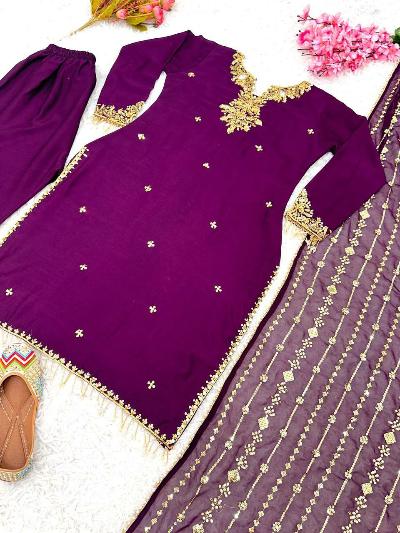 Deep Purple Chinon Silk Heavy Work Salwar Suit Set