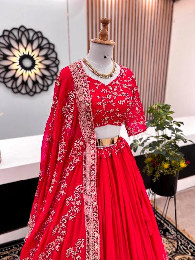 Hot Red Faux Georgette Heavy Embroidered Stitched Lehenga Choli Set