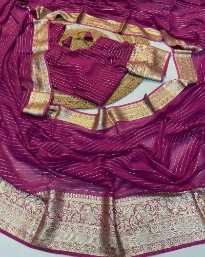 Pink & Blue Georgette Zari Work Sari with Stitched Blouse