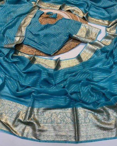 Pink & Blue Georgette Zari Work Sari with Stitched Blouse