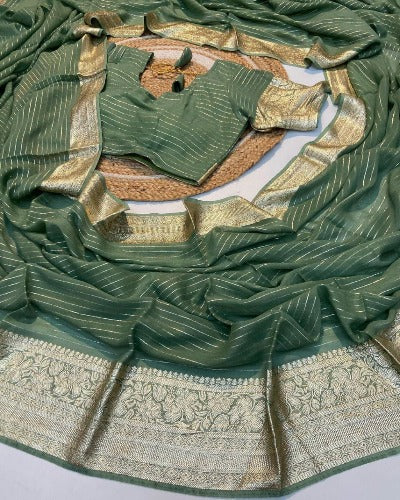 White & Green Georgette Zari Work Sari with Stitched Blouse