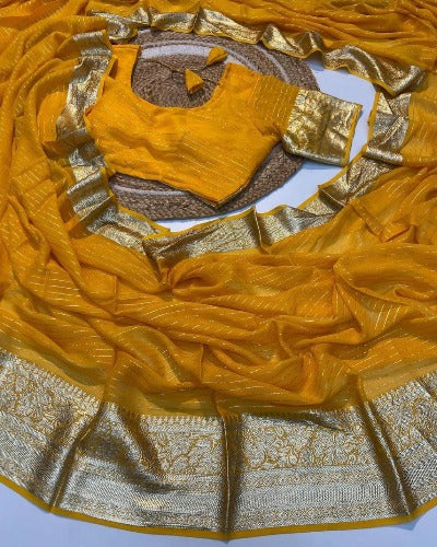 Lavender & Yellow Georgette Zari Work Sari with Stitched Blouse