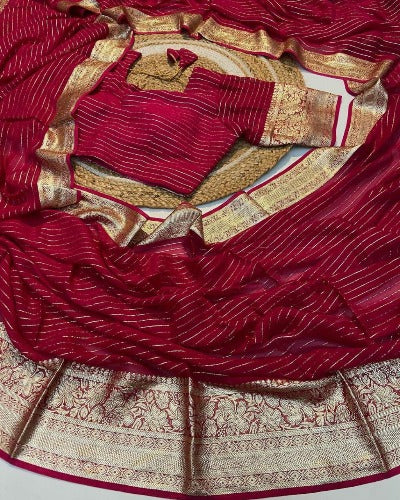 Red & Indigo Georgette Zari Work Sari with Stitched Blouse