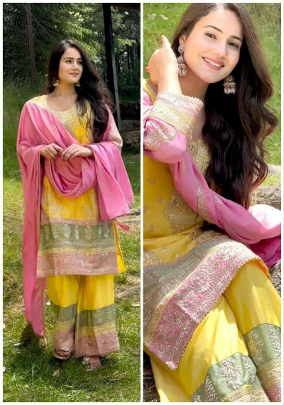 Yellow & Pink Sequins Embroidery Palazzo Suit Set