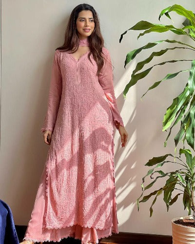 Pink Soft Georgette Thread Work Salwar Suit Set