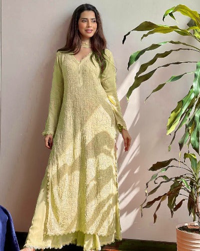 Lime Yellow Soft Georgette Thread Embroidery Salwar Suit Set