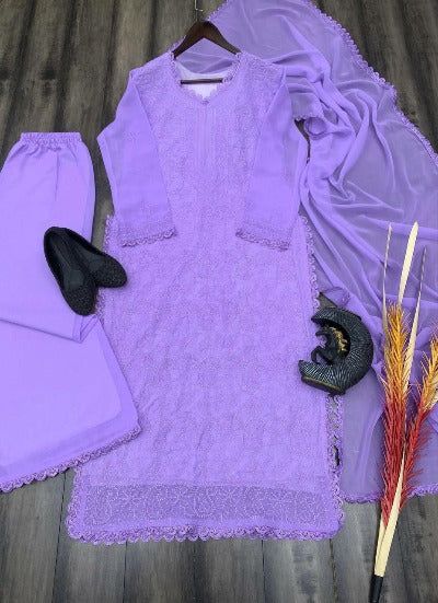 Lavender Soft Georgette Thread Embroidery Salwar Suit Set