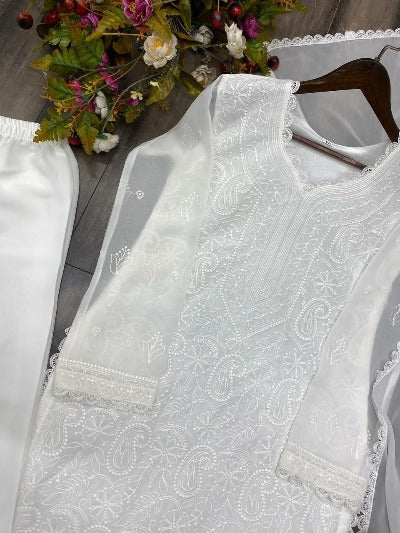 White Soft Georgette Thread Embroidery Salwar Suit Set