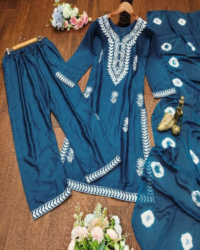 Plus Size Teal Blue Chikankari Salwar Suit Set