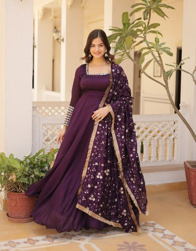 Purple Vichitra Silk Zari Sequins Anarkali Dupatta Set Of 2