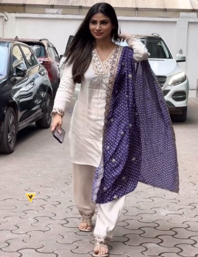 White Pure Dal Satin Salwar Suit Set With Satin Georgette Dupatta