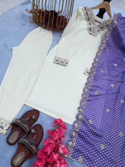 White Pure Dal Satin Salwar Suit Set With Satin Georgette Dupatta