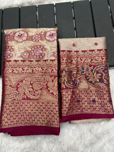 Maroon Banarasi Handloom Tissue Silk Saree