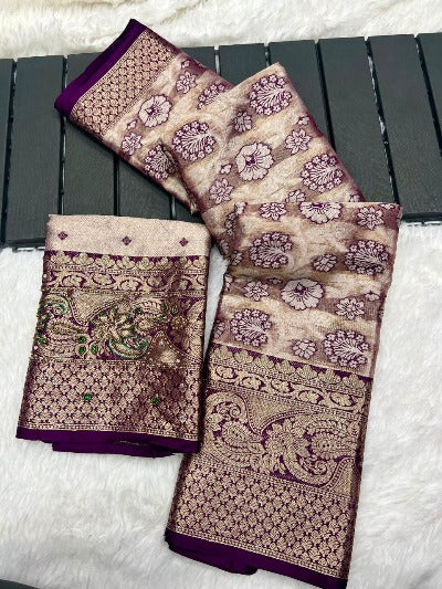 Wine Banarasi Handloom Tissue Silk Saree