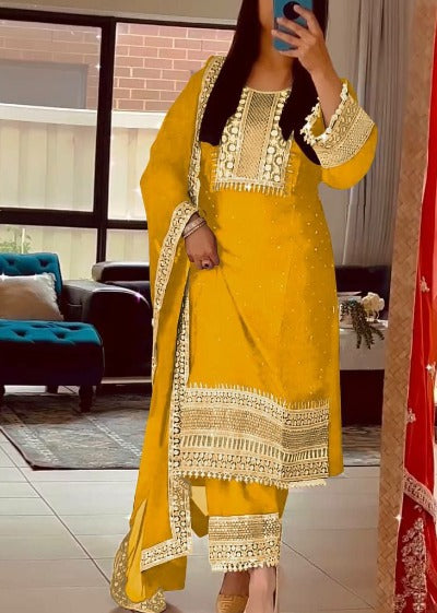 Yellow Chinon Silk Sequence Diamond Work Salwar Suit Set