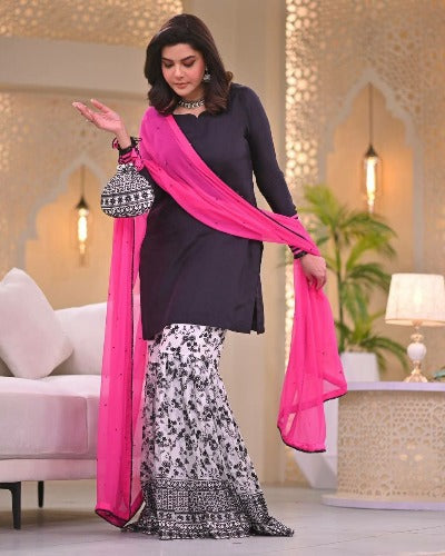 Black & White Georgette Sharara Suit With Pink Dupatta