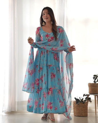Light Blue Georgette Floral Print Anarkali Suit Set
