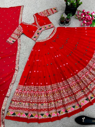 Red V-Neck Georgette Thread Embroidered Lehenga Choli Set