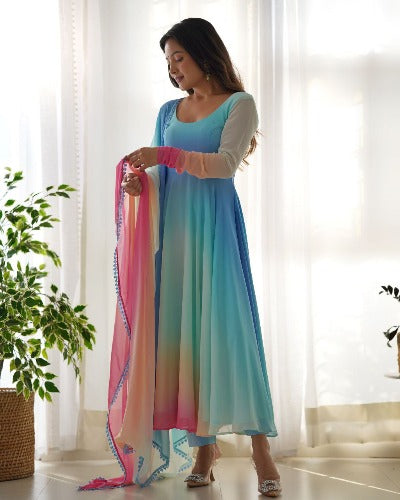 Blue Tone Multicolour Soft Georgette Anarkali Flared Salwar Suit Setv