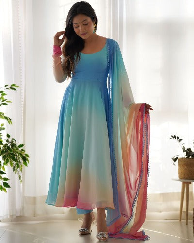 Blue Tone Multicolour Soft Georgette Anarkali Flared Salwar Suit Set