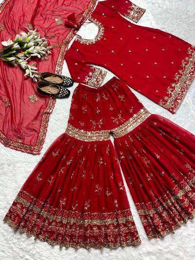 Royal Red Sequins Georgette Sharara Suit Set