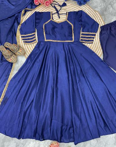 Royal Blue Chinon Silk Elegant Anarkali Suit Set