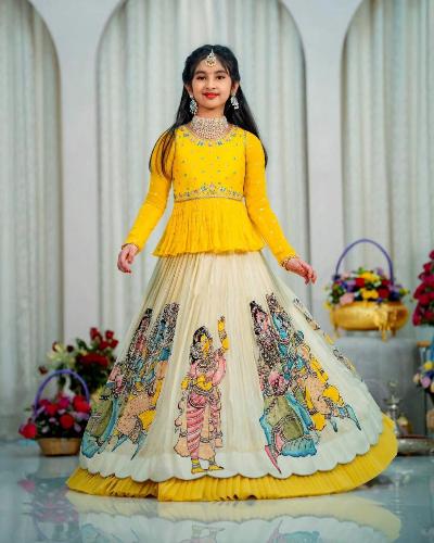 Yellow Chinon Silk Printed Kids Lehenga Choli Set