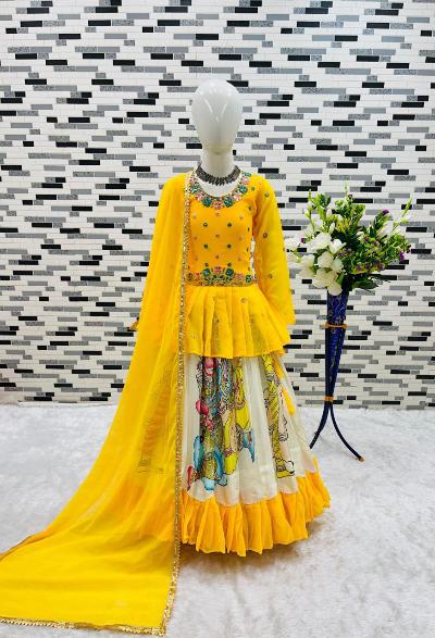 Yellow Chinon Silk Printed Kids Lehenga Choli Set